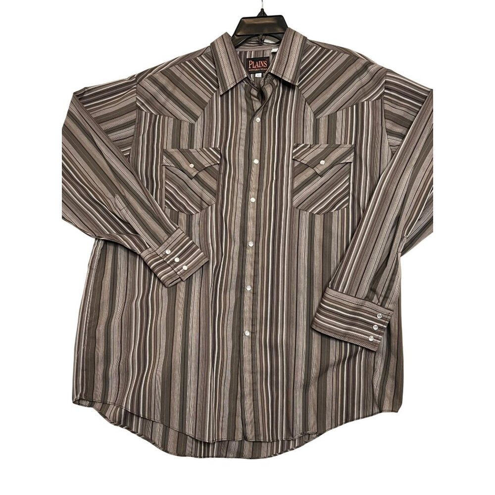 Plains Western Wear Men's XL Striped Pearl Snap Button-Down Shirt Pockets VTG